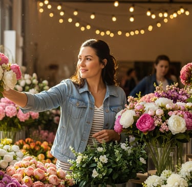 woman chosing faux flowers in florist