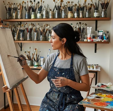 woman in art studio painting flowers 
