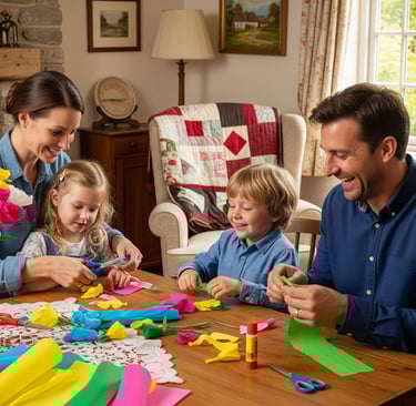 happy family at table making paper flowers