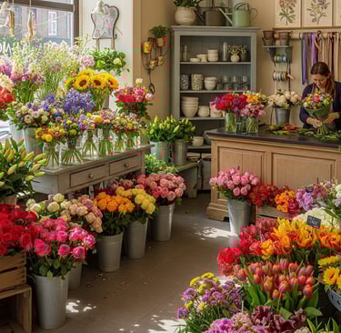 inside florist shop with different color flowers 