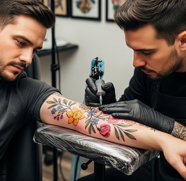 man getting tattoo from male tattoist