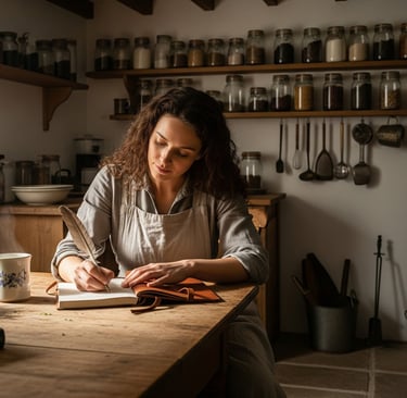 woman writing notes in rustic kitchen