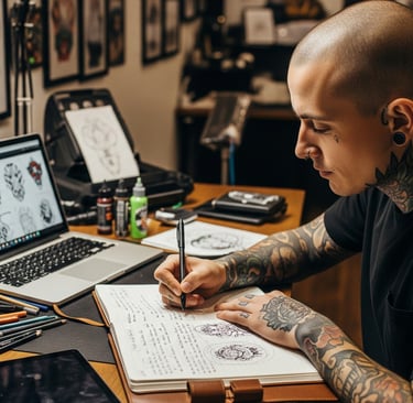 male tattooist writing in notebook
