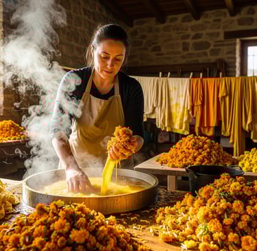 woman in wash house dyeing with marigold flowers