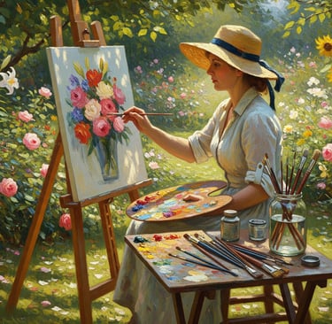 art portrait of a woman painting flowers