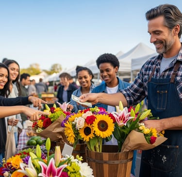 man selling flowers at farmers market