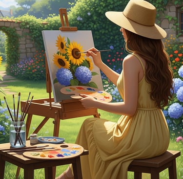 graphic image of woman painting sunflowers in garden