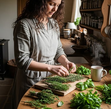 woman preparing herbs in cottage kitchen