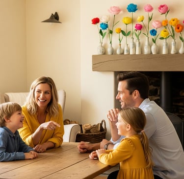 family at table chatting about crepe paper flowers