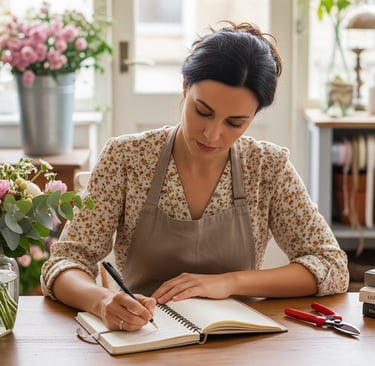 florist writing in notebook with flowers on desk