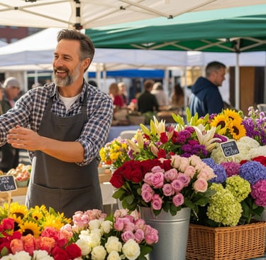 man selling profitable cut flowers at flower market