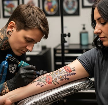 tattooist giving birth flower tattoo to woman