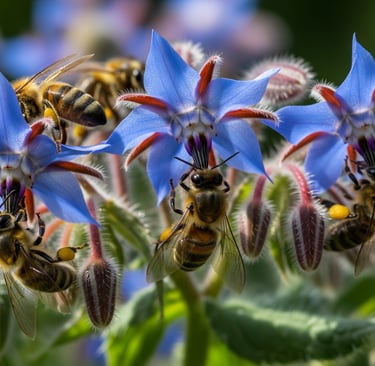 wasps on blue flowers close up