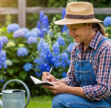 woman gardener writing notes with blue flowers in background