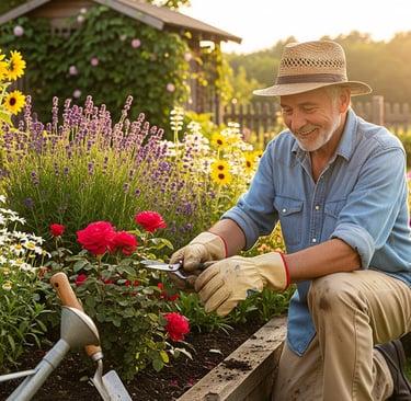 man tending to his flower garden