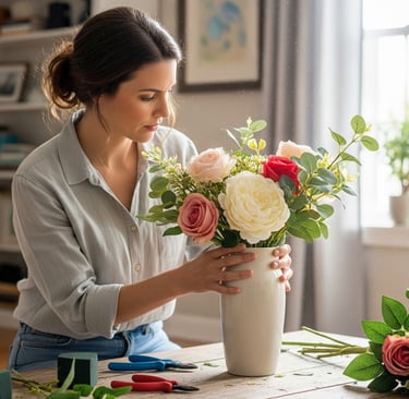 woman preparing faux botannicals in ceramic vase