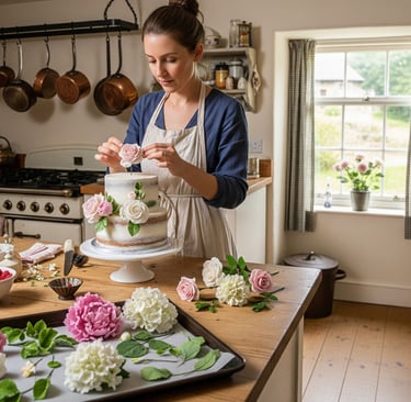 woman in kitchen making cake with edible gum paste flowers