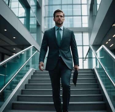 a man in a suit and tie walking down stairs
