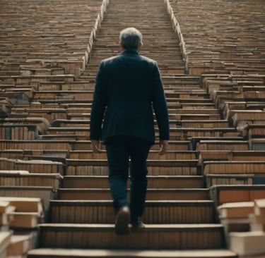 a man in a suit and tie walking up stairs of books