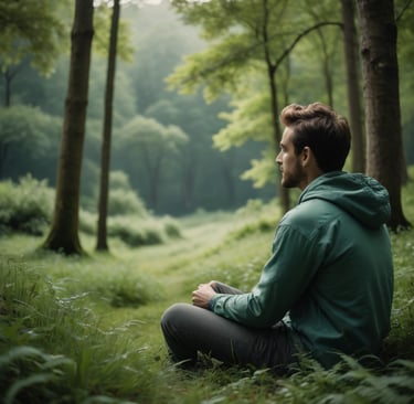 a man sitting on the ground in a forest