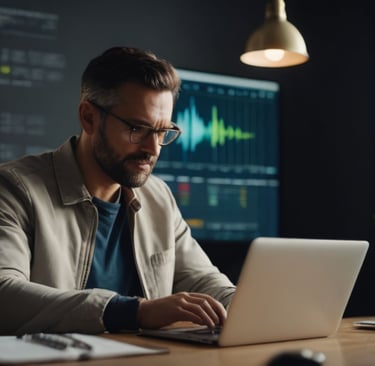 a man in a suit and tie is sitting at a desk with a laptop