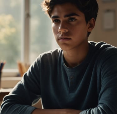 a young man sitting at a desk with a stack of books
