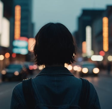 a woman in a leather jacket and a backpack