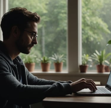 a man sitting at a table with a laptop computer