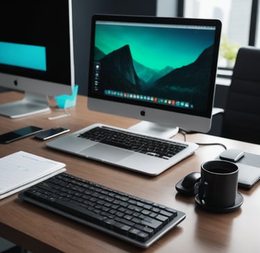 a desk with a computer monitor, keyboard, and a cup of coffee