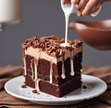 A variety of baked goods are displayed in a glass case. There are round cakes topped with cocoa powder, crescent-shaped pastries with a glazed finish, and other assorted baked treats. Small black signs with white text indicate the names and prices of the items, written in a foreign language.