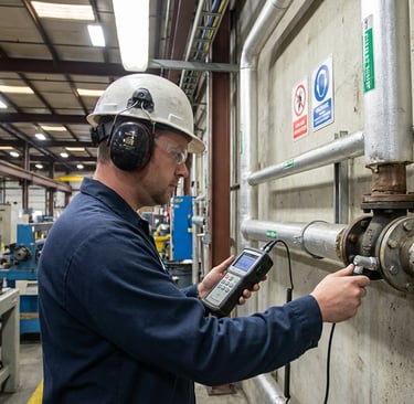 technician detecting compressed air leaks to improve air compressor efficiency