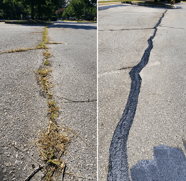 Comparison to overgrown cracks and a freshly routed and sealed crack