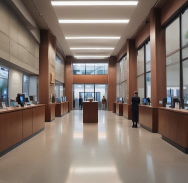 An aerial view of a residential area with multiple buildings featuring complex architectural designs. The buildings are surrounded by greenery, and the rooftops have a variety of geometric patterns. The image captures the symmetry and organization of the structures along with visible solar panels on some roofs.