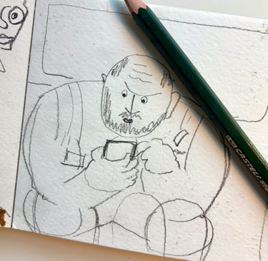 a pencil sketch of a man sitting on train
