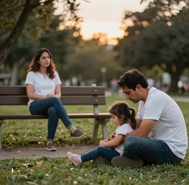 A family of three, composed of two adults and a child, sits on the grass near a small body of water, during what appears to be sunset. The sunlight creates a warm glow, with a large tree nearby casting shadows on the ground. The scene conveys a peaceful and serene atmosphere.