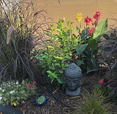 jardin zen avec tête de Bouddha, évoquant calme, nature et recentrage intérieur, en lien avec l’esprit des ateliers Ecl’OSons