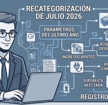 Infographic about July 2026 ARCA (ex-AFIP) Monotributo recategorization parameters in Argentina.