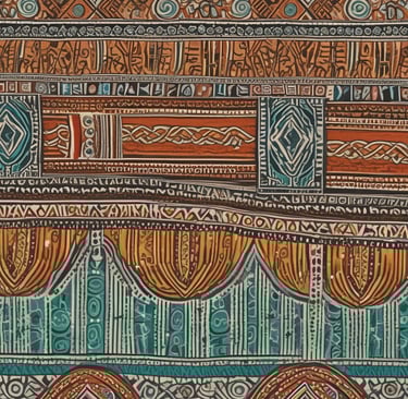 A person wearing a colorful, vibrant kaftan with various patterns stands in a textile shop. The kaftan is predominantly orange, blue, and purple with intricate designs. They are accessorized with colorful beaded jewelry and are in front of a carved wooden panel. Various colorful fabrics hang in the background.