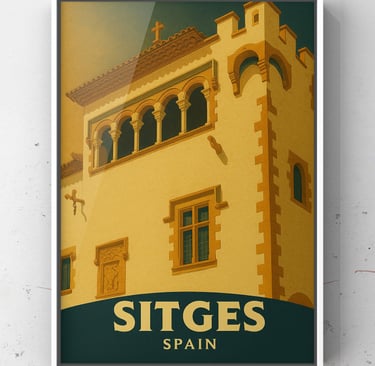 Sunny Spanish Architecture Vintage-styled Travel Poster of Sitges in Spain Maricel Palace framed