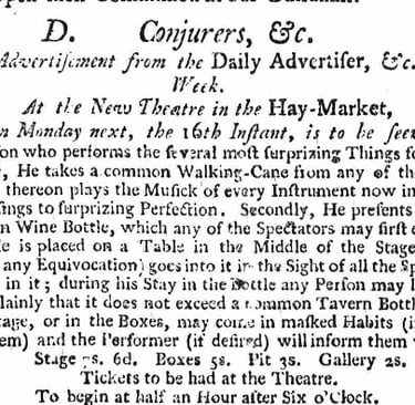 London newspaper ad 1749 Haymarket theater Conjuror performance