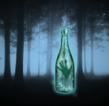 mysterious wine bottle with somone inside at a dark forest