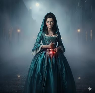 Lucinda, protagonist from The Bottle Conjuror Book Two, standing in a foggy 18th-century street