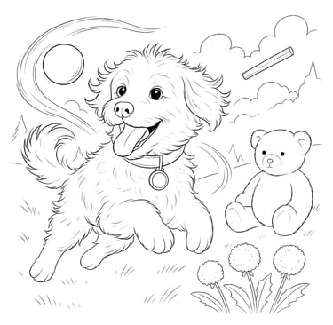 a dog coloring page with a dog and a teddy bear