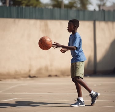 A young basketball player in a blue and white uniform holds a basketball while in an athletic stance. Smoke surrounds the scene, creating a dramatic atmosphere on the court. Another basketball can be seen resting in the background.