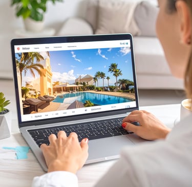 Mujer mirando un sitio web con una foto de un hotel en una computadora portátil