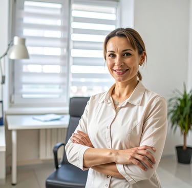 Mujer sonriente sentada en un consultorio