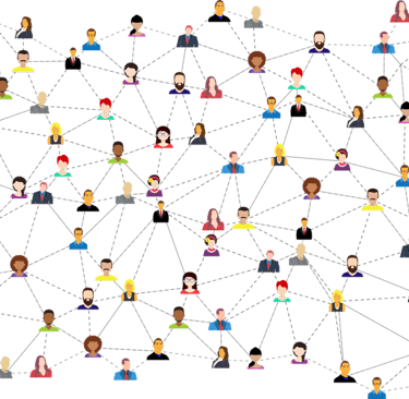 A graphic showing lots of small people connected by lines and dotted lines