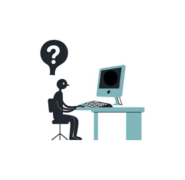 An AI-generated graphic of a person at a computer with a question mark above their head