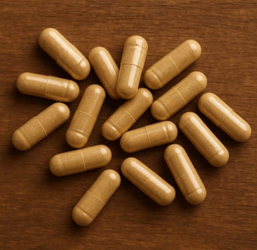 Cápsulas transparentes contendo extrato de ashwagandha, ilustrando o suplemento natural.