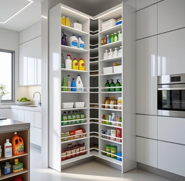 Magic corner kitchen storage solution for L-shaped modular kitchen